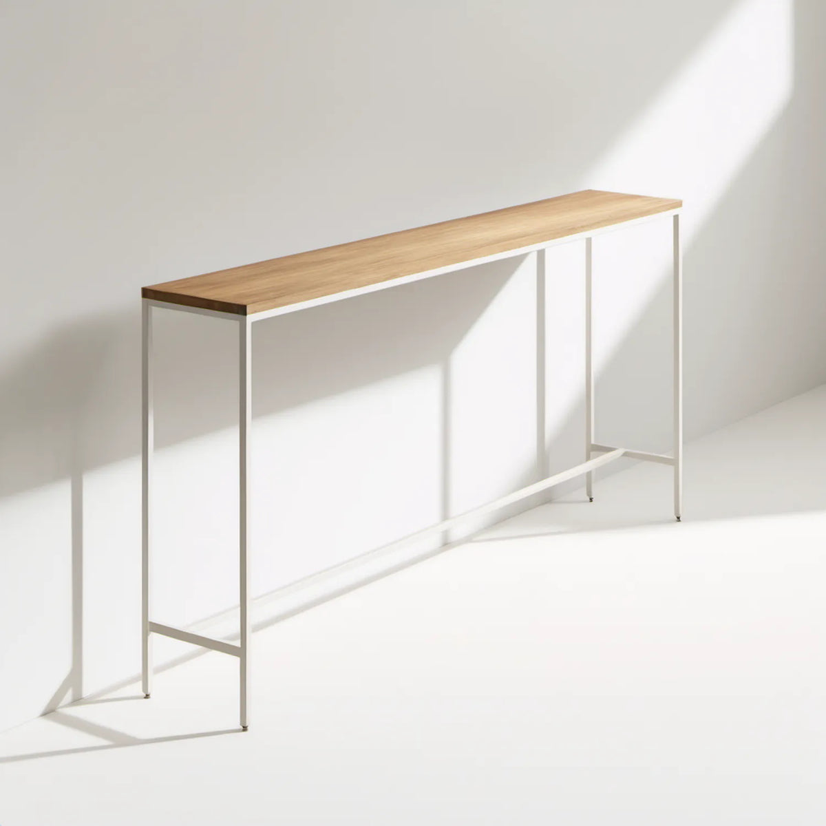 Konsola prostokątna 120 x 30 x 90 cm z blatem MDF w dekorze dębu i białym stalowym stelażem